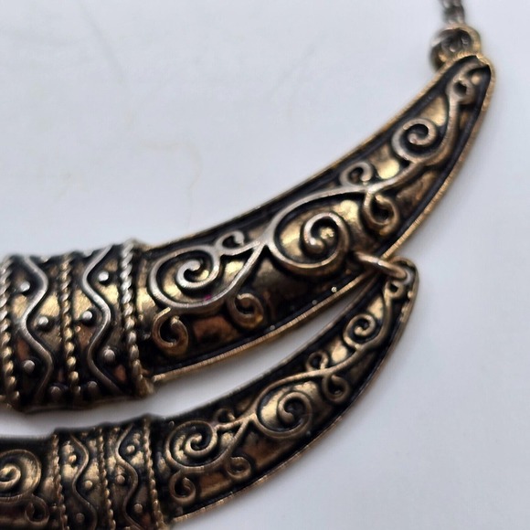 Statement Necklace Gold Tone Filigree Scrollwork Crescent Boho Witchy - Picture 2 of 7